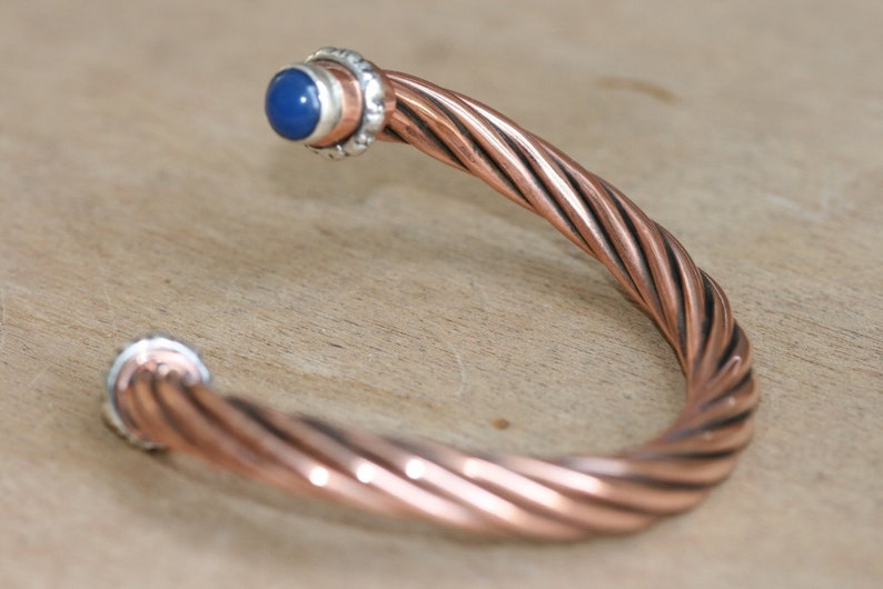 Handcrafted Bracelet ,Solid Copper and Silver Bracelet, Open Bangle, Cuff Bracelet, Blue Agate Bracelet, Adjustable Bangle, Stackable bangle image 4