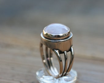 Bague en bronze, bague en argent massif, bague en pierre précieuse, bague en bronze faite à la main, livraison gratuite, bague en quartz rose, bague en pierre rose