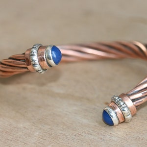 Handcrafted Bracelet ,Solid Copper and Silver Bracelet, Open Bangle, Cuff Bracelet, Blue Agate Bracelet, Adjustable Bangle, Stackable bangle image 2