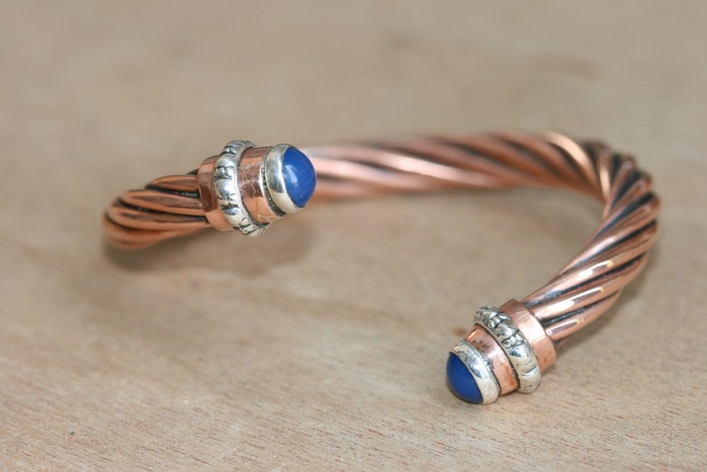 Handcrafted Bracelet ,Solid Copper and Silver Bracelet, Open Bangle, Cuff Bracelet, Blue Agate Bracelet, Adjustable Bangle, Stackable bangle image 2