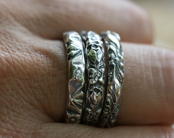 Solid Silver Stacking Silver Rings, Sterling Silver Rings,Antique Ring, Floral Patterned Ring, Silver Floral Wedding Band,Engraving Ring,