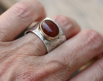 Agate Ring, Hammered Silver Ring , Handmade Ring ,Sterling Silver Ring, Silver and Gold , Hammered Silver, Wide Ring,