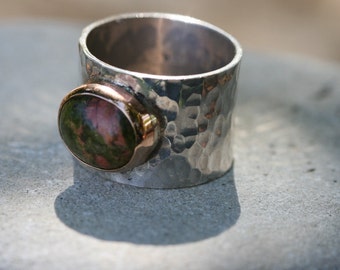 Unikate Ring, Hammered Silver Ring , Handmade Ring ,Sterling Silver Ring, Silver and Gold , Hammered Silver,Wide Ring,