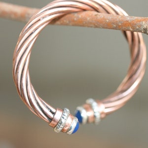 Handcrafted Bracelet ,Solid Copper and Silver Bracelet, Open Bangle, Cuff Bracelet, Blue Agate Bracelet, Adjustable Bangle, Stackable bangle image 5