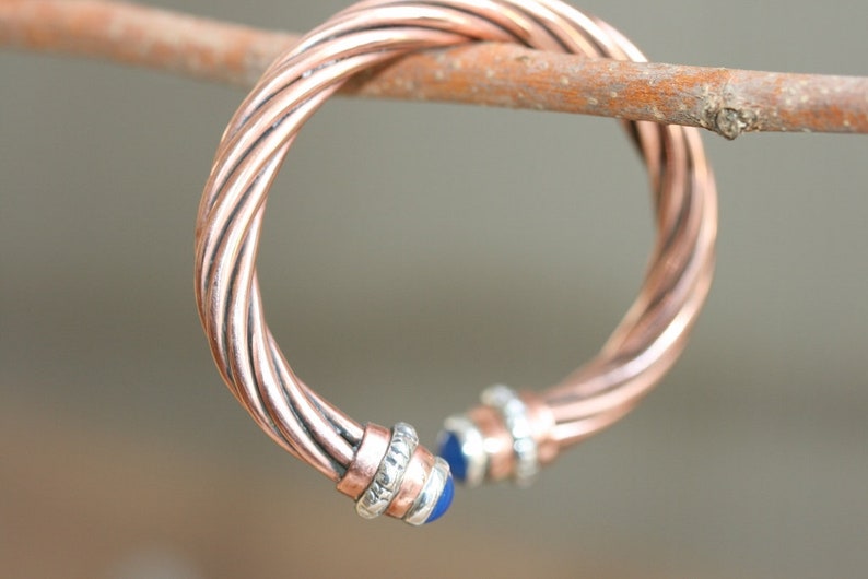 Handcrafted Bracelet ,Solid Copper and Silver Bracelet, Open Bangle, Cuff Bracelet, Blue Agate Bracelet, Adjustable Bangle, Stackable bangle image 5