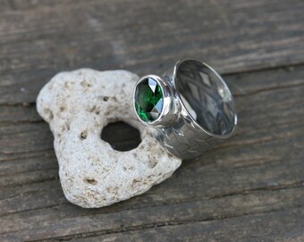 Wide  Silver Ring, Solid Silver Ring, Handmade Silver Ring, Gemstone Ring, Size 10, Free Shipping, Green Stone Silver Ring