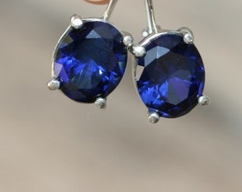 Silver Earring with blue stones, Sterling Silver Earrings, Lab Sapphire Earrings, Handmade Silver Jewelry, International Women's Day Gift