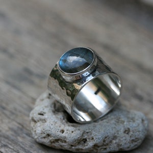 Labradorite Ring, Hammered Silver Ring , Handmade Ring ,Sterling Silver Ring, Wide Silver Ring, Silver Rings with Stone image 1