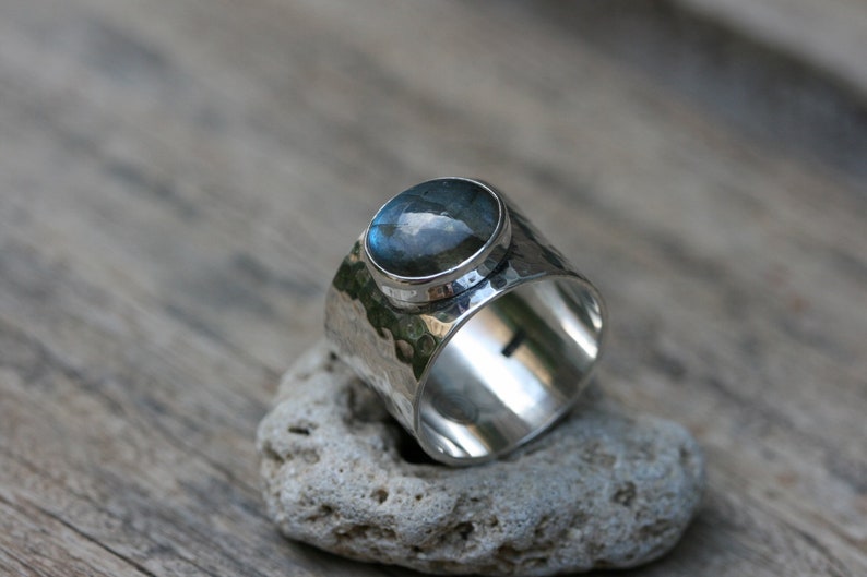 Labradorite Ring, Hammered Silver Ring , Handmade Ring ,Sterling Silver Ring, Wide Silver Ring, Silver Rings with Stone image 1
