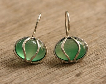 Silver Earrings with green agate, Handmade Silver Earrings, Green Stone Earrings, Plain Silver Earring, Silver Jewelry,