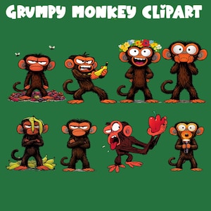 May include: A collection of cartoon monkeys in various poses and expressions, set against a green background. The monkeys are brown with orange faces and ears. Some hold bananas, apples, or wear flower crowns. The text "GRUMPY MONKEY CLIPART" is at the top.