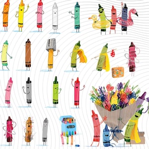 May include: A collection of illustrated anthropomorphic crayons in various colours and poses, including individual characters, a group with pool floats, a crayon with a cape, a crayon with a suitcase, and a bouquet of crayons wrapped in brown paper.