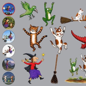 Può includere: Una collezione di illustrazioni con una strega, una scopa, un uccello verde, una rana, un gatto tigrato rosso, un cane maculato e un drago rosso. Il set include sei scene circolari e personaggi singoli su uno sfondo di colore grigio.
