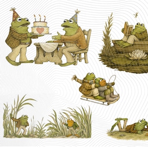 Könnte beinhalten: Eine Sammlung von Illustrationen mit grünen Fröschen bei verschiedenen Aktivitäten: zwei Frösche feiern mit einer Geburtstagstorte, zwei Frösche in einem Boot beim Angeln und Lesen, zwei Frösche auf einem Schlitten, zwei Frösche im hohen Gras und zwei Frösche, die sich an einem Pilz ausruhen.