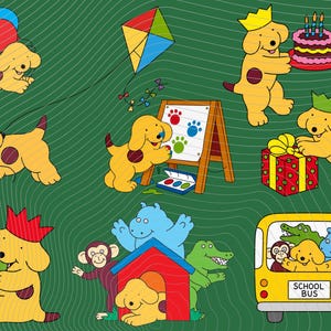 以下が含まれることがあります： 茶色の斑点がある黄色い犬の漫画イラスト集。風船で飛ぶ、イーゼルで絵を描く、王冠をかぶる、ケーキを食べる、友達と一緒に黄色いスクールバスに乗るなど、様々なアクティビティをしている様子が描かれています。