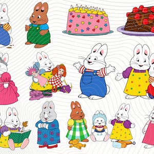 May include: A collection of cartoon illustrations featuring white and brown rabbits in various outfits, a pink birthday cake with colorful star decorations, and a brown chocolate dessert topped with red squares on a purple plate.