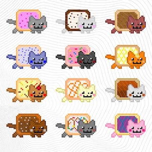 May include: A collection of pixelated Nyan Cat illustrations. Each cat features a pop-tart body and a rainbow trail. The cats are in various colours, including pink, blue, and orange, set against a white background with a wavy pattern.
