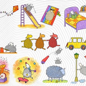 May include: A collection of cartoon sheep illustrations featuring various activities including flying a kite, skiing, sunbathing, reading in bed, playing on a seesaw, juggling on a skateboard, being launched from a cannon, and walking with an umbrella.