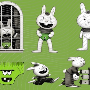 May include: A collection of illustrations featuring a white rabbit character in various poses, including looking through a window, wearing green monster-themed underwear, and interacting with a small dresser, alongside a green monster underwear icon.