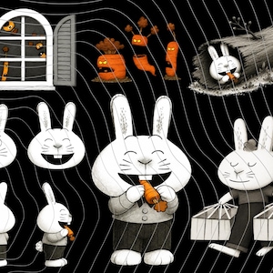 Può includere: Un set di illustrazioni digitali raffigurante un coniglio bianco in varie pose, tra cui mangiare una carota, trasportare borse della spesa e spuntare da un tronco, con personaggi a forma di carota arancione e una cornice di finestra.