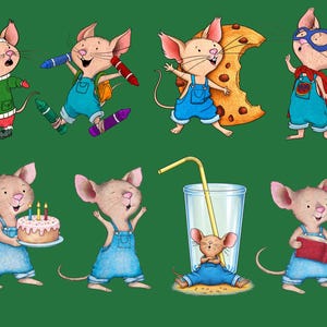 May include: A colourful illustration of eight cartoon mice on a green background. The mice are shown in different outfits and scenarios, such as wearing a winter coat, overalls, and a superhero costume. Some mice are holding items like crayons, a cake, and a book.