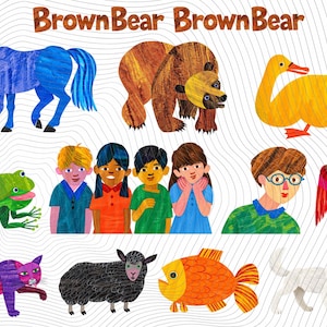 Op de afbeelding: Een illustratie in collage-stijl met de tekst BrownBear BrownBear bovenaan. De afbeelding toont een blauw paard, een bruine beer, een gele eend, een groene kikker, vier kinderen, een persoon met een bril, een rode vogel, een paarse kat, een zwart schaap, een oranje vis en een witte hond.