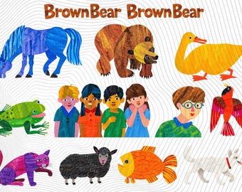 Oso pardo, oso pardo, ¿qué ves? Conjunto de imágenes prediseñadas / PNG transparente Descarga digital Ilustración transparente de Eric Carle Aula infantil
