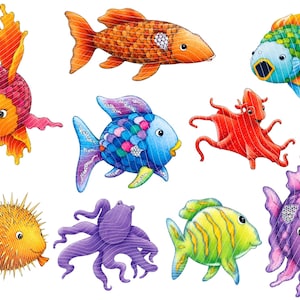 Könnte beinhalten: Eine Sammlung bunter Illustrationen von Meerestieren, darunter ein orangefarbener Fisch, ein blau-grüner Fisch, ein rosa-orangefarbener Fisch, ein blauer Fisch mit Schuppen, ein roter Oktopus, ein violetter Oktopus, ein stacheliger orangefarbener Kugelfisch.