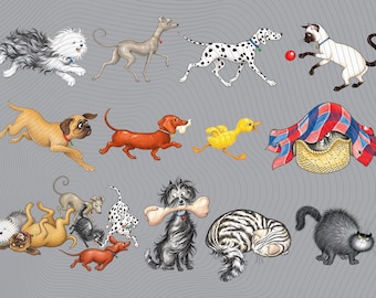 May include: A collection of illustrated animals including a shaggy dog, a greyhound, a dalmatian, a siamese cat with a red ball, a pug, a dachshund, a yellow duckling, a cat in a basket under a plaid blanket, and various other cats and dogs.