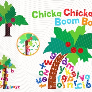 May include: A graphic illustration featuring the text Chicka Chicka Boom Boom with three palm trees. The trees have green leaves, brown trunks, and red coconuts. Colorful, polka-dotted lowercase letters of the alphabet are scattered around.