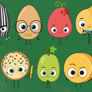 May include: A digital illustration featuring seven anthropomorphic characters with faces, including a striped sunflower seed, an egg with glasses and a bow tie, a red fruit, a chickpea with a blue bow tie, a cookie with sprinkles, a green grape, and an orange.