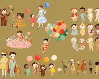 May include: A digital illustration set featuring various children in costumes, including bear, zebra, and wolf outfits, alongside children with balloons, a tea party scene, and a collection of babies in pajamas, all rendered in a soft, whimsical art style.