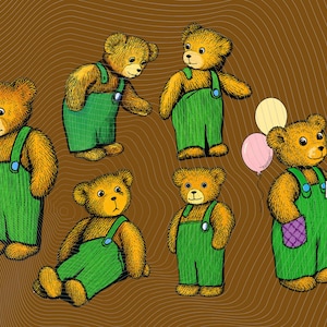 May include: A collection of six brown teddy bears wearing green overalls. Each bear is depicted in a different pose, with one bear holding two balloons and a small white card. The bears have textured fur and are set against a brown background.