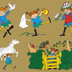 Può includere: Una raccolta di illustrazioni raffiguranti un personaggio dai capelli rossi con trecce, che indossa una maglietta blu e pantaloncini verdi. Il personaggio è mostrato in varie pose: mentre tiene un uccello bianco, balla con un secchio giallo, trasporta torte, solleva un cavallo maculato e sta dietro un cancello di legno giallo vicino agli alberi.