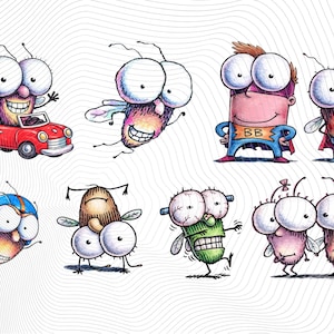 May include: A collection of cartoon illustrations featuring various bug-like characters with large eyes. One character drives a red car, another wears a superhero cape with the letters BB, and others are depicted in different poses and colors.
