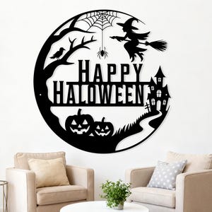 Personalisiertes Happy Halloween Metall Schild: Hexe, Kürbis, Haunted House, Halloween Dekoration, Home Deco