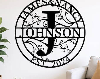 Letrero metálico personalizado con monograma familiar, decoración de pared con apellido, placa personalizada con nombre familiar, regalo de inauguración de casa, boda o aniversario para parejas.