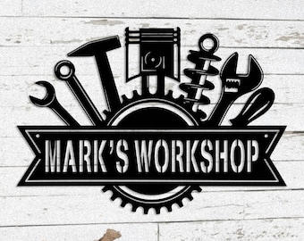 Gepersonaliseerde metalen garagebord: aangepaste workshopnaamdecor, mannengrot, entreedecor, cadeau vader