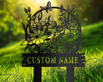 Letrero de jardín de flores personalizado: marcador de metal con estaca