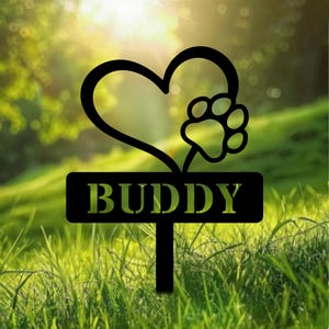 Personalized Metal Dog Memorial Stake: Garden Grave Marker, Heart With Tiny Paw