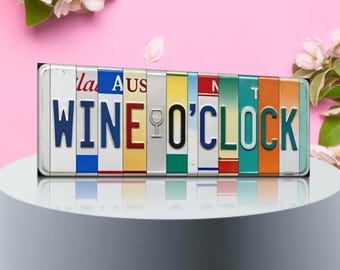 Wine O'Clock License Plate Art | Funny Vintage-Style Metal Bar Sign, Wine Lover Gift for Her, Kitchen Wall Decor
