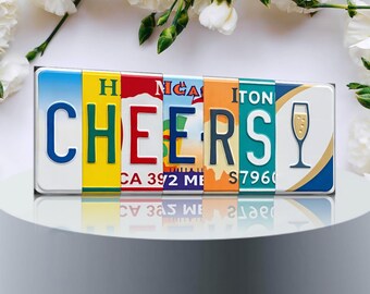 Cheers License Plate Art | Vintage-Style Metal Bar Sign, Champagne Wall Decor, Celebration Gift for Couples or Housewarming