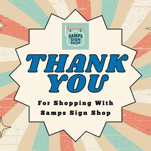 K&ouml;nnte beinhalten: Retro-Grafik mit radialem Muster in Creme, Rot und T&uuml;rkis. Die Worte "THANK YOU" in fetter blauer Schrift sind in einer Sternform zentriert. Darunter steht "For Shopping With Samps Sign Shop."