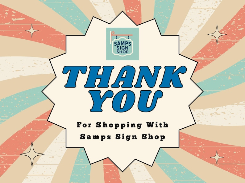 K&ouml;nnte beinhalten: Retro-Grafik mit radialem Muster in Creme, Rot und T&uuml;rkis. Die Worte "THANK YOU" in fetter blauer Schrift sind in einer Sternform zentriert. Darunter steht "For Shopping With Samps Sign Shop."