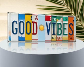 Good Vibes License Plate Art | Colorful Vintage-Style Metal Wall Sign, Boho Beach Decor, Positive Housewarming Gift for Her