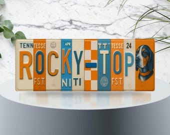 Rocky Top License Plate Sign - Knoxville Game Day Metal Wall Art 16x6 | Orange and White Checkerboard Fan Cave, Dorm & Tailgate Decor