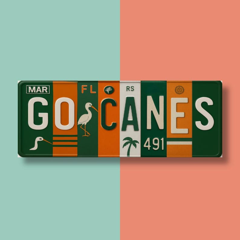 Go Canes License Plate Sign - Coral Gables Game Day Metal Wall Art | Orange and Green Miami Fan Cave, Dorm & Tailgate Decor 16x6 image 2