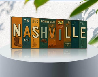 Nashville License Plate Art Collage | Vintage-Style Metal Wall Sign, Music City Tennessee Decor, Country Music Gift