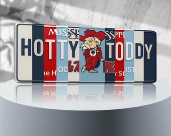 Hotty Toddy License Plate Sign – Ole Miss Rebels Metal Wall Art | Navy and Cardinal Fan Cave, Dorm & Game Day Decor (16×6)