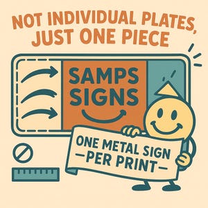 K&ouml;nnte beinhalten: Ein Metallschild im Retro-Stil mit dem Text "NOT INDIVIDUAL PLATES, JUST ONE PIECE". Das Schild zeigt den Text "SAMPS SIGNS" und eine l&auml;chelnde Figur, die ein Banner mit der Aufschrift "ONE METAL SIGN -PER PRINT-" h&auml;lt.